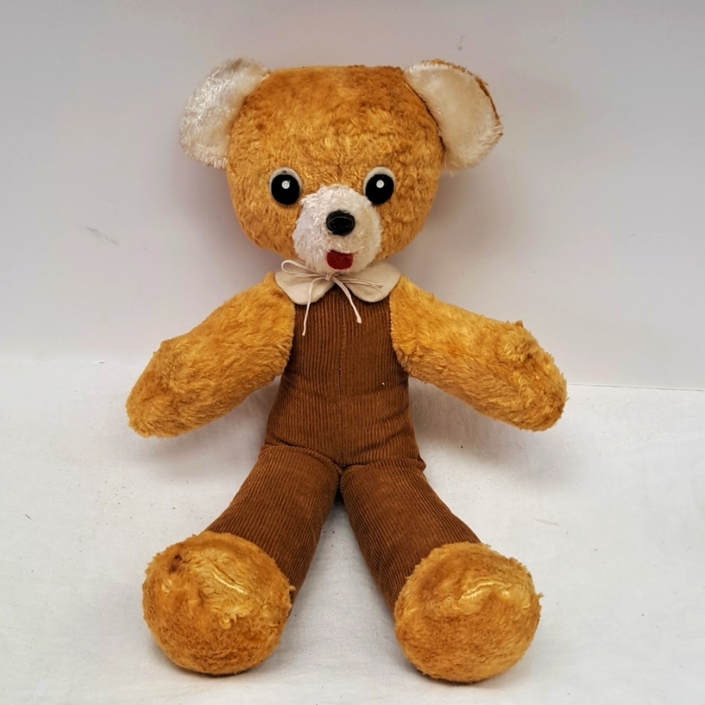 Vintage 17”  carnival prize stuffed teddy bear in corduroy overalls
